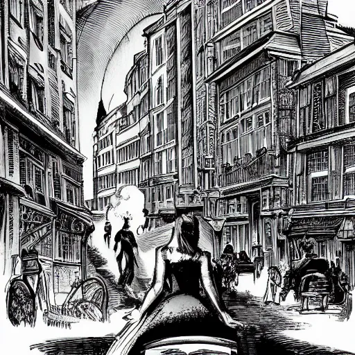 Image similar to a typical Parisian street, in the foreground a man and a woman from behind, in the back at the bottom of the street a spaceship destroying buildings, dc comics style, multiple details