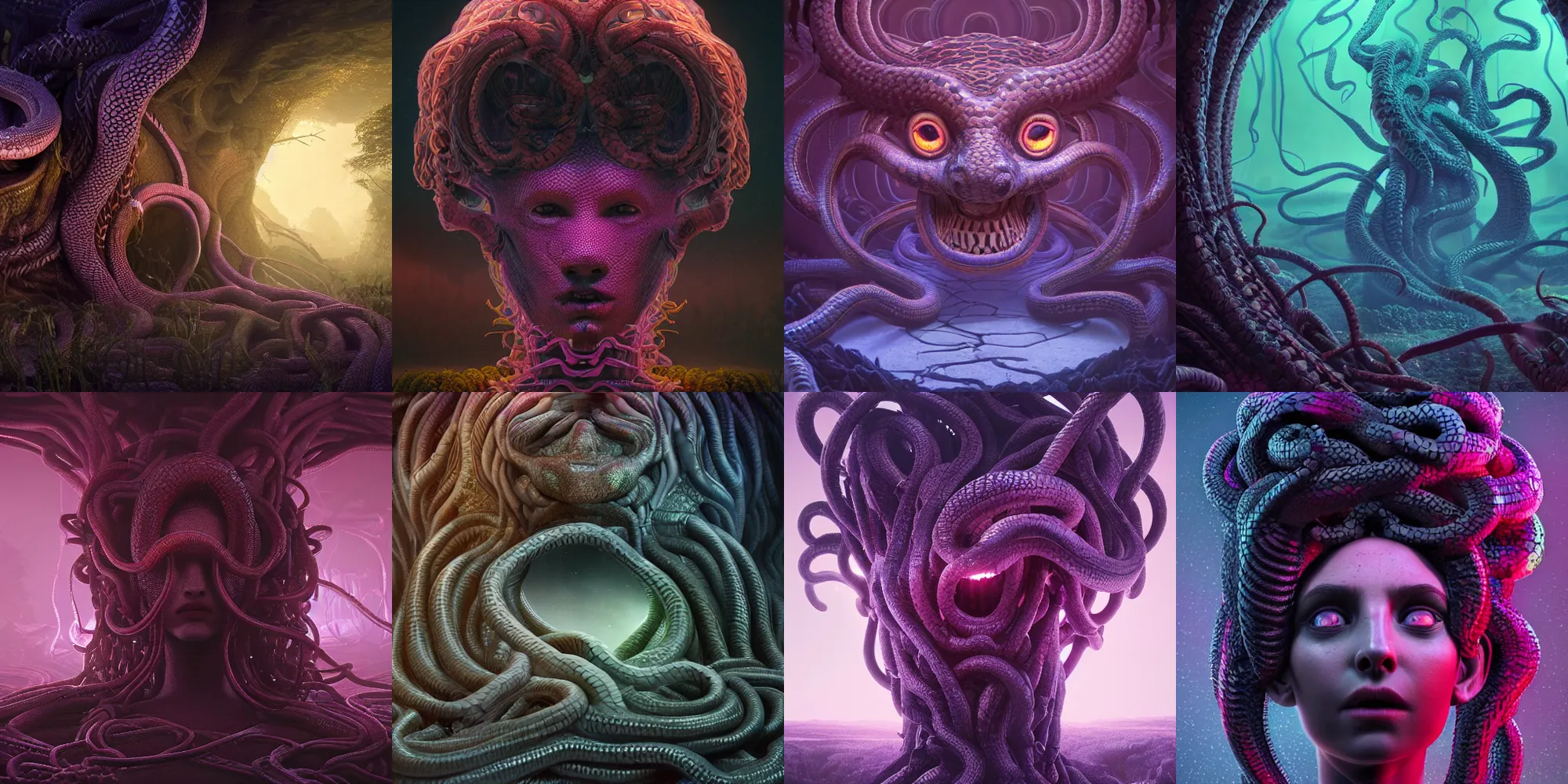 Image similar to beautiful dark medusa gorgon gaze head, highly detailed snakes, beautiful dark creepy landscape, in the style of beeple and mike winkelmann, intricate, epic lighting, cinematic composition, hyper realistic, 8 k resolution, unreal engine 5, raytracing, ultraviolet colors,