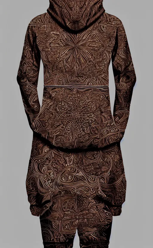 Image similar to batik hoodie pattern, dark brown, trendsetter, fashion of the year, fiction, stability, intricate, elegant, 8 k, uhd, justify, artstation, concept art, matte, sharp focus, illustration, consistent, highly detailed object content, proportional object content