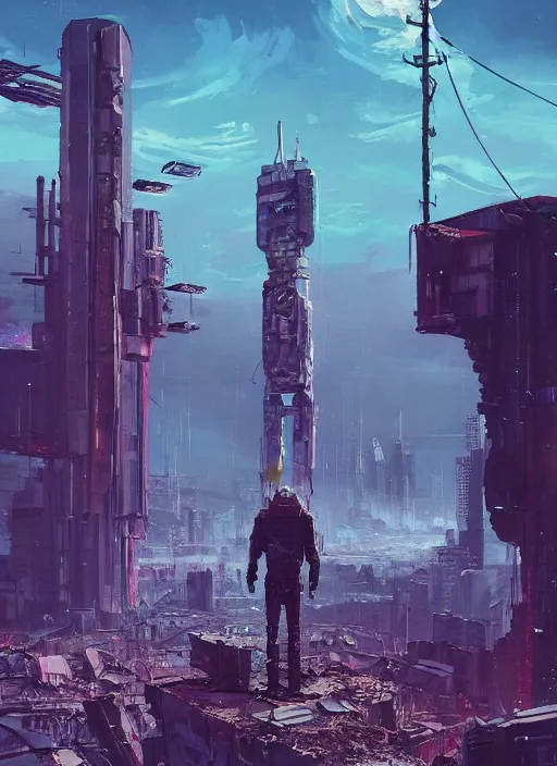 Image similar to a painting of a giant robot standing in front of a post apocalyptic city ruins, cyberpunk art by beeple, artstation hd, nuclear art, dystopian art, apocalypse art, sci - fi