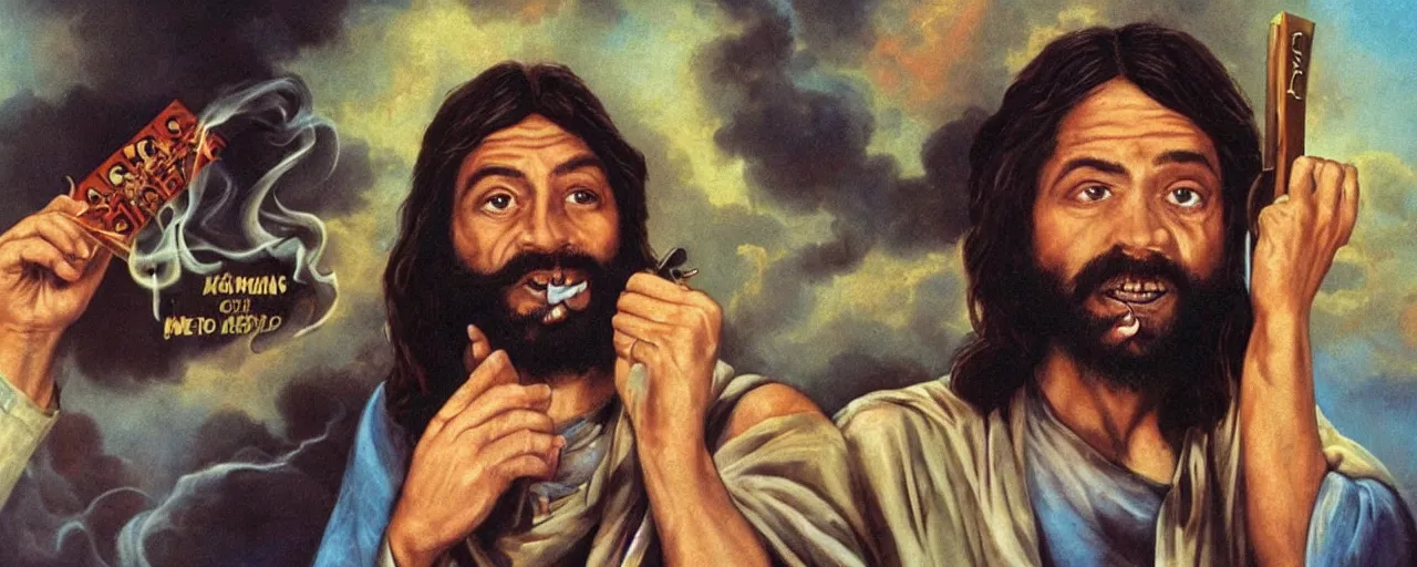 Image similar to jesus christ smoking a blunt, in the style of cheech and chong