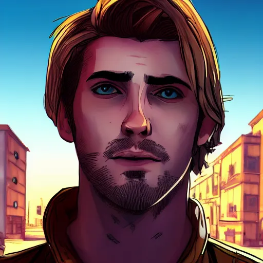 Prompt: a blond young spanish man portrait, borderlands, tales from the borderlands, the wolf among us, comic, cinematic lighting, studio quality, 8 k