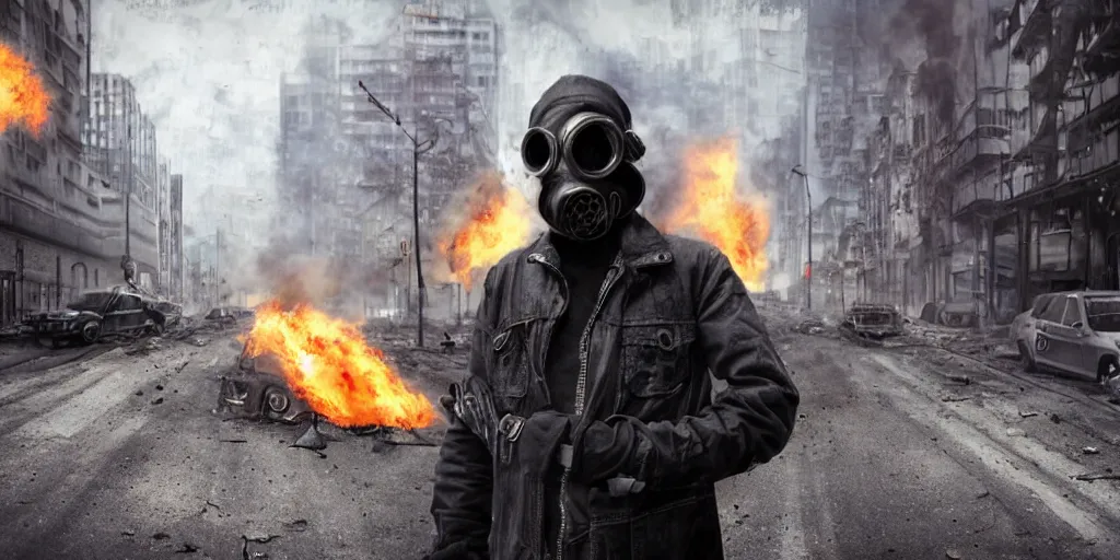 Image similar to post - apocalyptic city streets, close - up shot of an anarchist with a gasmask, burning cars, explosions, hyperrealistic, gritty, damaged, dark, urban photography, photorealistic, high details