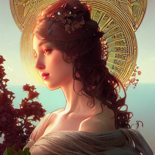 Image similar to beautiful young girl vaporwave aesthetic, synthwave, intricate, elegant, highly detailed, digital painting, artstation, concept art, smooth, sharp focus, illustration, art by artgerm and greg rutkowski and alphonse mucha