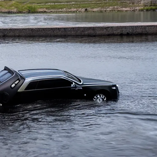 Prompt: Group of teenagers push Rolls-Royce into lake with their hands from a small slide