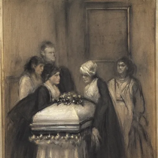 Prompt: a young woman and five man attending a funeral, by alfred stevens, charcoal