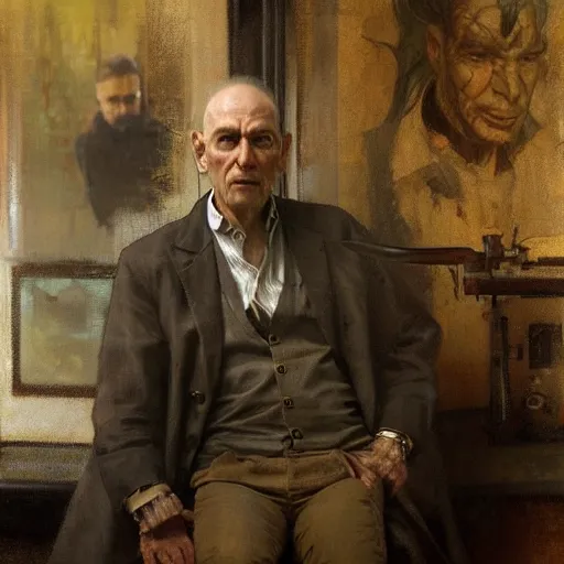 Prompt: hyperrealist portrait of a thin mean old man with a lab coat standing in front of a computer simulation by jeremy mann and alphonse mucha, fantasy art, photo realistic, dynamic lighting, artstation, poster, volumetric lighting, very detailed faces, award winning