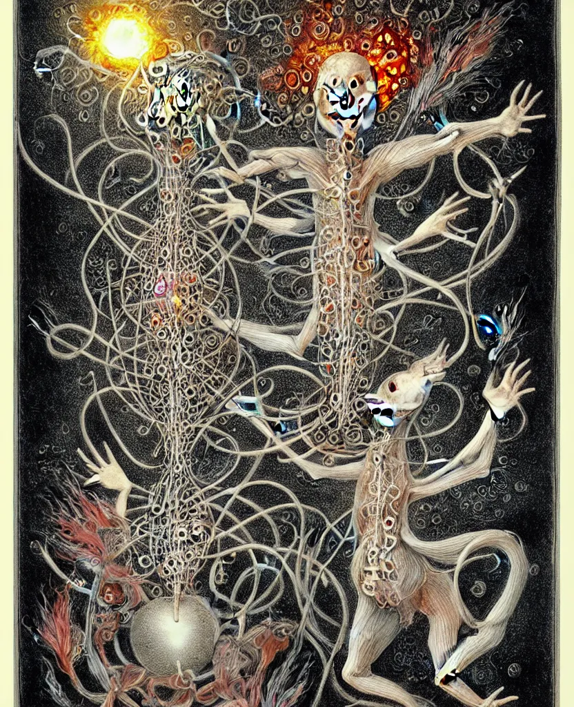 Image similar to whimsical freaky creature sings a unique canto about'as above so below'being ignited by the spirit of haeckel and robert fludd, breakthrough is iminent, glory be to the magic within, painted by ronny khalil