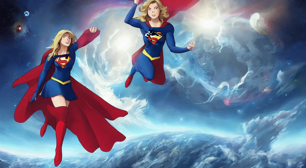 Image similar to A beautiful ultradetailed cartoon of Supergirl hovering in outer space looking at the Earth, 4k, Raphael Lacoste, by Rossdraws and Bluesssatan and Mandy Jurgens and Stjepan Sejic, Legend of Korra, Supergirl, fanart, trending on artstation, highly detailed, soft lighting 8k resolution, dramatic lighting, unreal engine 5, Pinterest, Melissa Benoist, DC Super Hero Girls