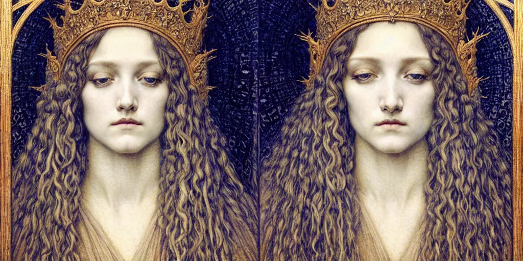 Image similar to detailed realistic beautiful young medieval queen face portrait by jean delville, gustave dore and marco mazzoni, art nouveau, symbolist, visionary, gothic, pre - raphaelite. horizontal symmetry