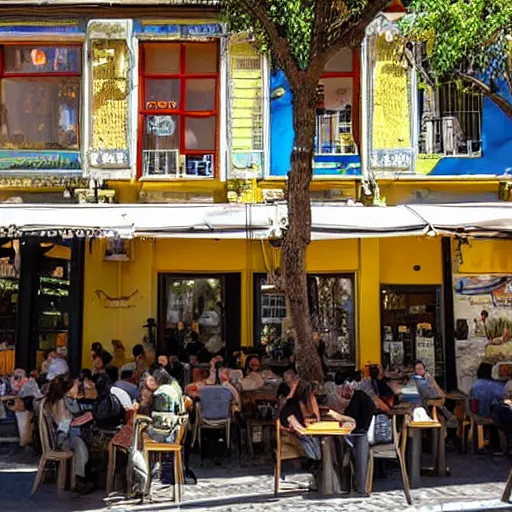 Prompt: a sunlit cafe in Tel Aviv, busy, daytime, in the style of Vincent Van Gogh