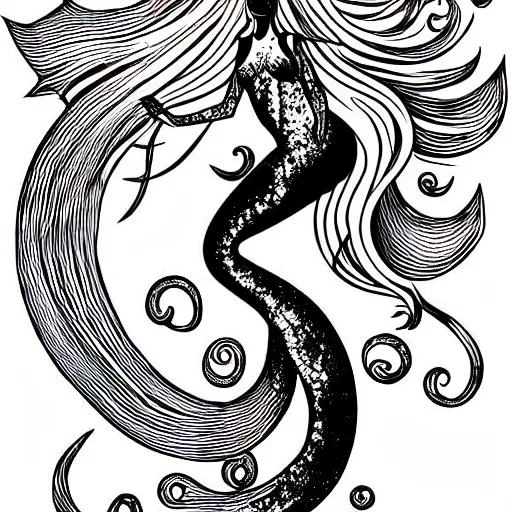 Prompt: black and white illustration, creative bold design, mermaid