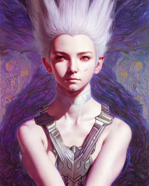 Prompt: portrait of beautiful cute young maiden girl with short white hairs in warhammer armor, art by ( ( ( kuvshinov ilya ) ) ) and wayne barlowe and gustav klimt and artgerm and wlop