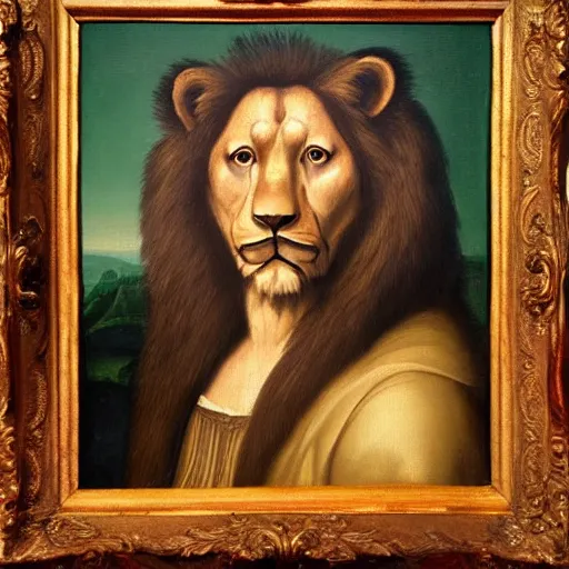 Image similar to a renaissance style portrait painting of lion Bear hybrid