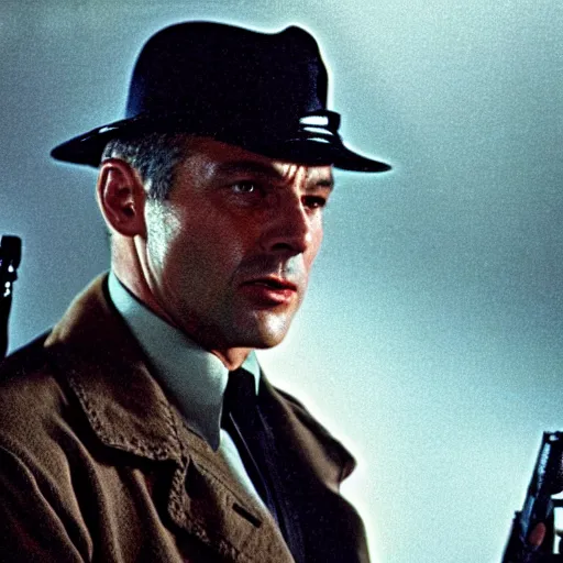 Prompt: film still blade runner with officer Deckard played by Viktor Orban