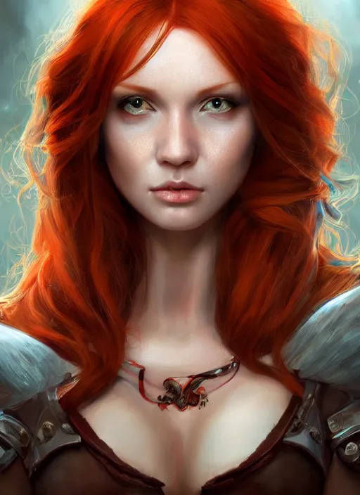 Image similar to Beautiful redhead girl which chest wrapped in bandages, portrait, fantasy, medieval, vivid colors, fantasy, elegant, concept art, sharp focus, beautiful face, digital art, Hyper-realistic, 4K, Unreal Engine, Highly Detailed, HD, Dramatic Lighting by Brom, trending on Artstation