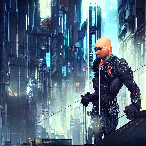 Prompt: pitbull standing in a city, cyberpunk style, by cedric peyravernay, highly detailed, excellent composition, cinematic concept art, dramatic lighting, trending on artstation