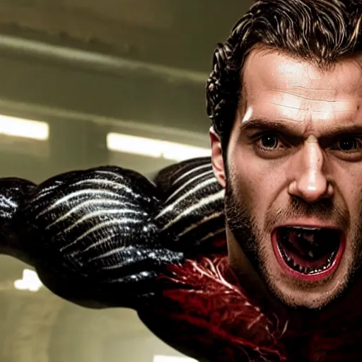 Image similar to henry cavill as Eddie Brock from Venom (2018), 4k, insanely detailed, fangs