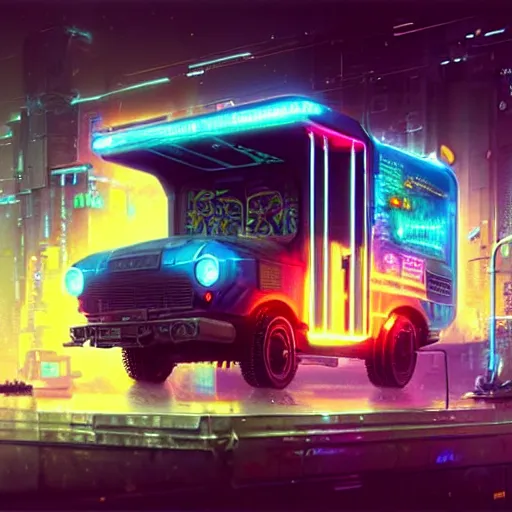 Prompt: a cyberpunk ice cream truck, highly detailed epic, CG render digital painting artwork by Greg Rutkowski, John Berkey, Alexander Jansson, Kuvshinov, WLOP, Artgerm, trending on ArtStation, intricate artwork by Tooth Wu, Beeple. octane render, trending on artstation, greg rutkowski very coherent symmetrical artwork, bokeh, cinematic, hyper realism, high detail, octane render, vervia, 8k