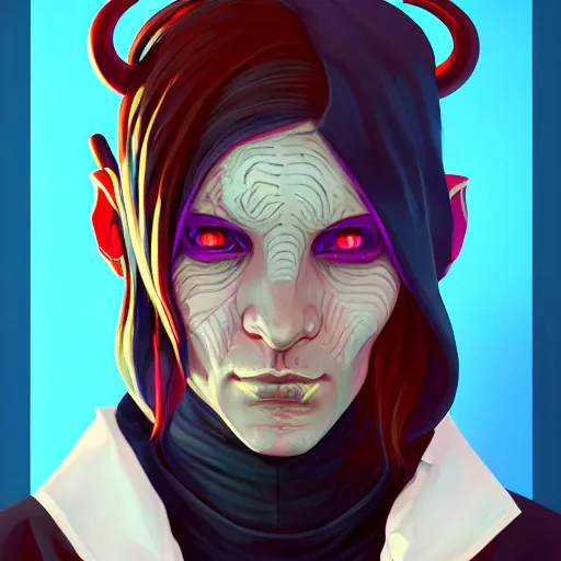 Image similar to portrait painting of a cyberpunk tiefling street doctor, sharp focus, award - winning, trending on artstation, masterpiece, highly detailed, intricate, cartoon, anime. art by merwild and ernesto irawan and rachel denton