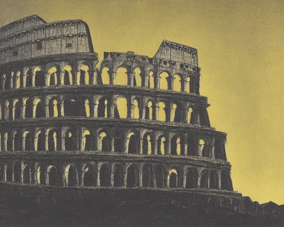 Prompt: beautiful print of the Colosseum bathed in moonlight by Hasui Kawase and Lyonel Feininger.