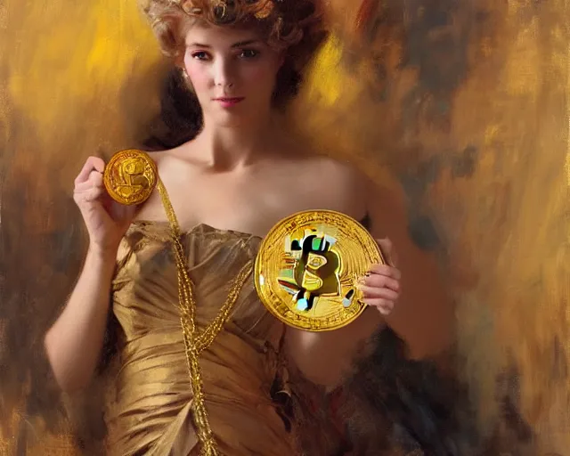 Image similar to attractive woman holding a golden bitcoin, commercial by annie liebovitz, gaston bussiere, craig mullins, j. c. leyendecker