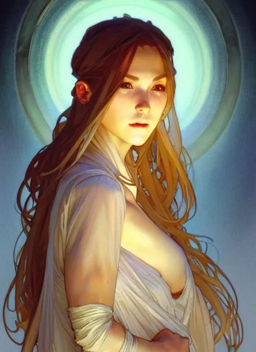 Prompt: digital character concept art by artgerm and greg rutkowski and alphonse mucha. clear portrait of a young wife blessed by god to uncontrollably become overwhelmingly perfect!! blonde, casually clothed! obviously feminine holy body!! light effect. hyper detailed, glowing lights!! intricate, elegant, digital painting, artstation, smooth, sharp focus