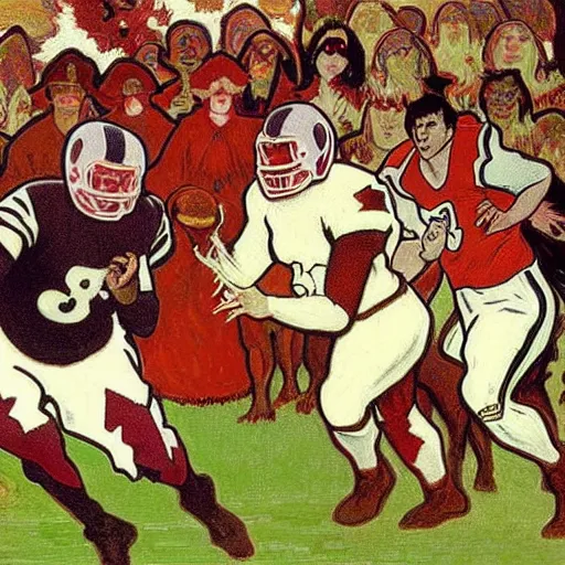 Prompt: painting of arkansas razorbacks playing football at the halloween! party, bubbling cauldron!, candles!, graveyard, gravestones, ghosts, smoke, autumn! colors, elegant, wearing suits!, clothes!, delicate facial features, art by alphonse mucha, vincent van gogh, egon schiele