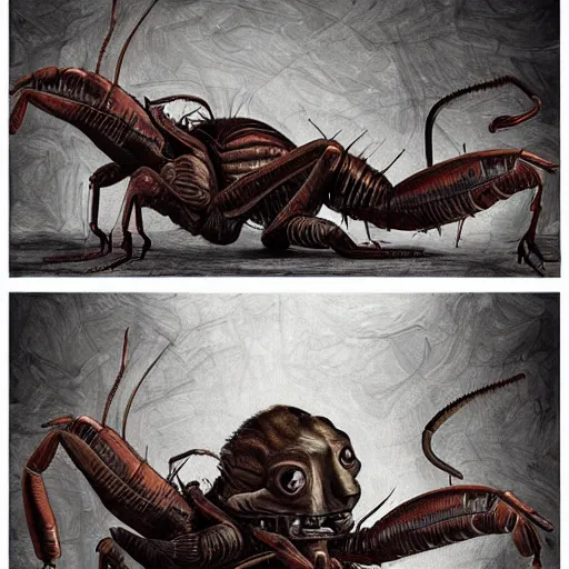 Prompt: an old steam trunk with the legs of a scorpion, following on the heels of a tragic goblin in search of a home. expressive digital painting, very detailed.