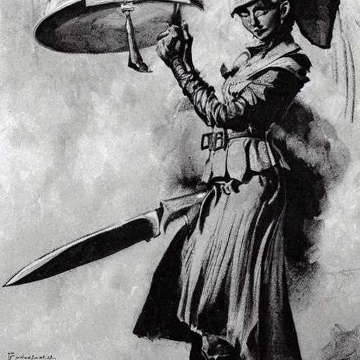 Prompt: determined elf woman with short blonde hair wearing a kitchen maid's uniform while holding a chef's knife and standing in the rain, fantasy character portrait by Frank Frazetta