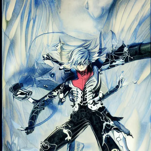 Image similar to Jack Frost from the Shin Megami Tensei series, drawn by Yoji Shinkawa, highly detailed