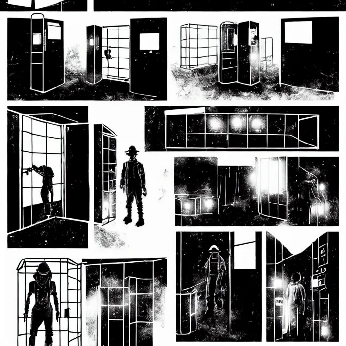 Image similar to sadie sink as a miner inside a minimalist old - fashioned automated kiosk with options to choose from. storyboard - style drawing scifi cyberpunk. by gabriel hardman, joe alves, chris bonura. cinematic atmosphere, detailed and intricate, perfect anatomy