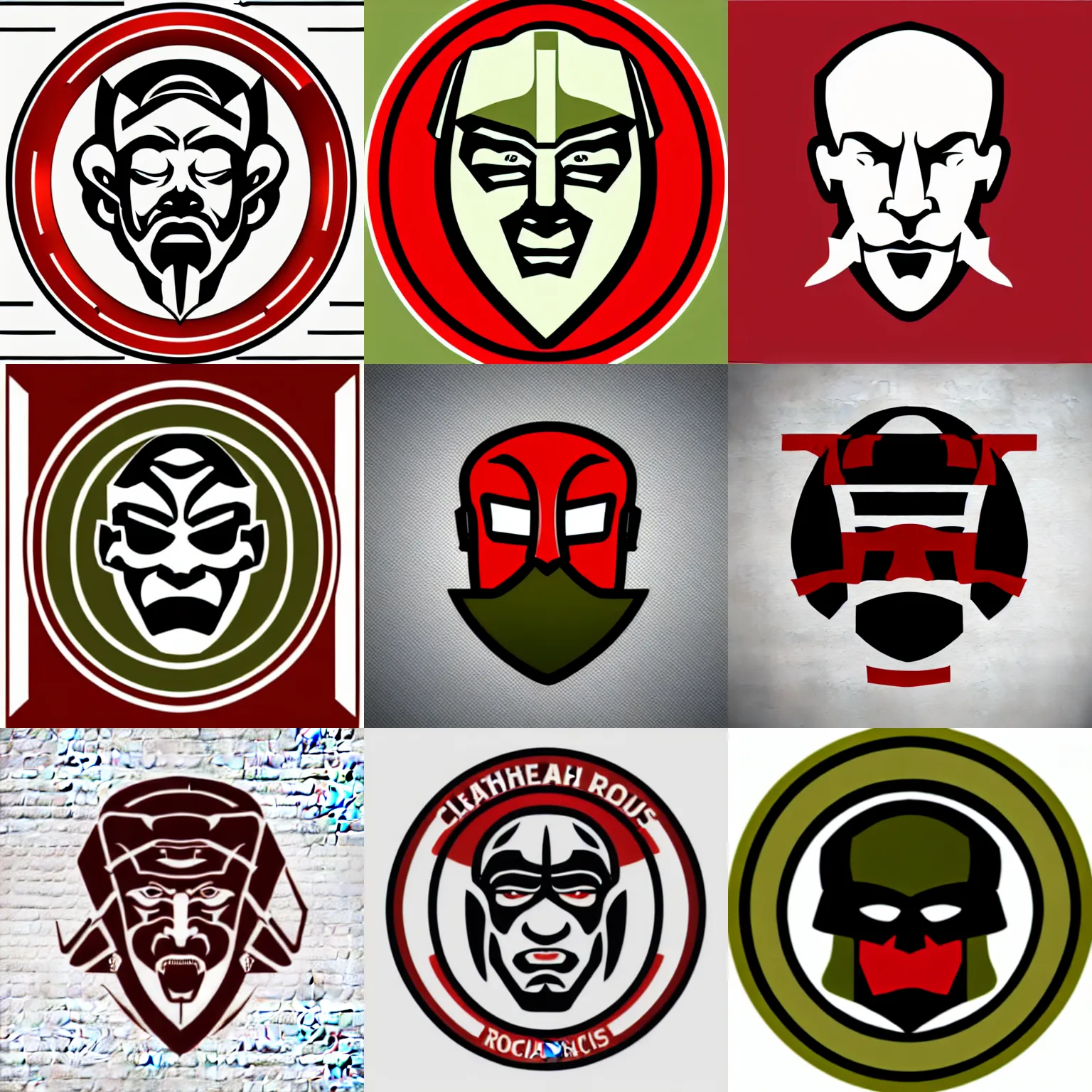 Prompt: clean vector art logo on white background of goliathus regius face, woodcut, tonlist, olive green and venetian red