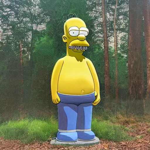 Prompt: abandoned statue of homer simpson in the middle of the woods, highly detailed painting, blue colors with red accents