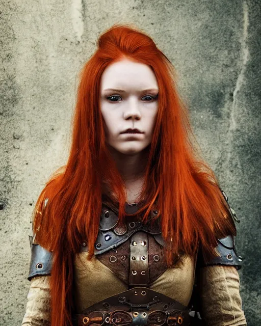 Prompt: north adult female warrior, red hair, ginger hair, long hair, fantasy, female Viking, high detailed, photography, cloudy, lightweight leather armour, Scandinavia, plain, detailed face, beautiful face, beautiful girl, look into the distance, professional model, glowing skin, serious face, full body,in full growth, professional photographer, masterpiece, 50 mm, extremely detailed, sharp focus, 8k, 3D