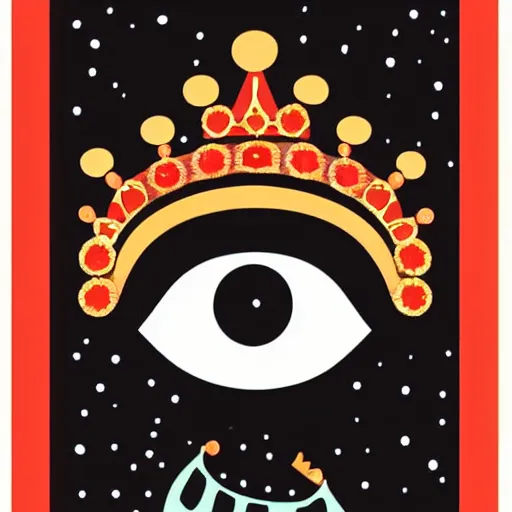 Prompt: a glowing crown sitting on a table with one beautiful eye mounted on it like a jewel, night, bold black lines, flat colors, minimal 1 9 6 0 s poster illustration