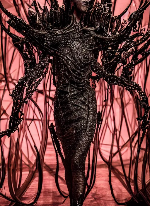 Image similar to walking down the catwalk, ben watts, show, stage, vogue photo, podium, fashion show photo, historical baroque dress dark, iris van herpen, beautiful woman, masterpiece, intricate, biopunk, vogue, full body shot, alien, plant predator, guyver, jellyfish, white biomechanical details, highly detailed