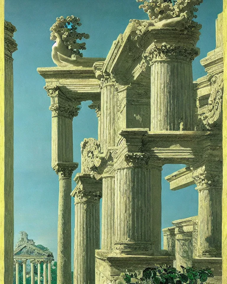 Image similar to achingly beautiful painting of intricate ancient roman corinthian capital on jade background by rene magritte, monet, and turner. giovanni battista piranesi.