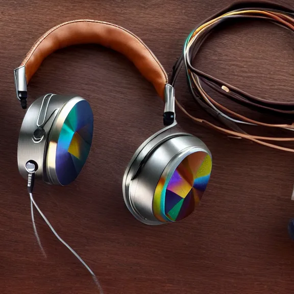 Prompt: masterpiece photo of beautiful crafted artistic bismuth metal headphones, bismuth rainbow metal, bismuth cups, leather padding, displayed on mahogany desk, modernist headphones, bismuth headphones beautiful well designed, hyperrealistic, audiophile, intricate hyper detail, extreme high quality, photographic, audeze, sennheiser, hifiman, artstation, abyssal audio