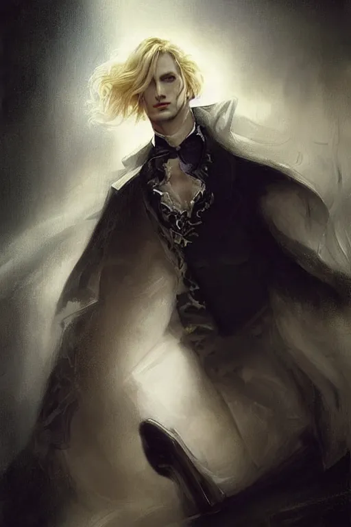 Image similar to johan liebert mixed with alucard picture by Greg Rutkowski, long fluffy blond curly hair, baroque curls, dynamic pose, matte painting, intricate, z brush, fantasy concept art, elegant, with a pot belly, by Stanley Artgerm Lau, WLOP, golden ratio, thomas kindkade, alphonse mucha, loish, Peter chung, norman Rockwell,