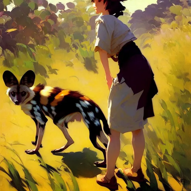 Prompt: a female character inspired by an african wild dog, short hair, basic background, krenz cushart, mucha, ghibli, by joaquin sorolla rhads leyendecker, by ohara koson