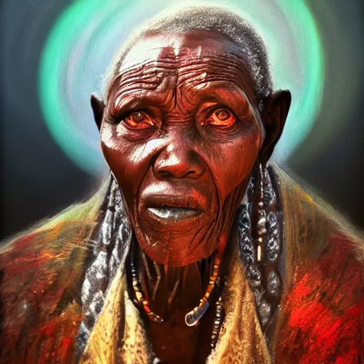 Image similar to a painting of a wise elder from Kenya. dramatic angle, ethereal lights, details, smooth, sharp focus, illustration, realistic, cinematic, artstation, award winning, rgb , unreal engine, octane render, cinematic light, macro, depth of field, blur, red light and clouds from the back, highly detailed epic cinematic concept art CG render made in Maya, Blender and Photoshop, octane render, excellent composition, dynamic dramatic cinematic lighting, aesthetic, very inspirational, arthouse.