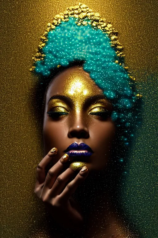 Prompt: hyperrealistic postrococo cinematic very expressive! black oshun goddess, in water up to her shoulders, mirror dripping droplets!, gold flowers, highly detailed face, digital art masterpiece, smooth eric zener cam de leon dramatic pearlescent volumetric teal light, high angle uhd 8 k, sharp focus