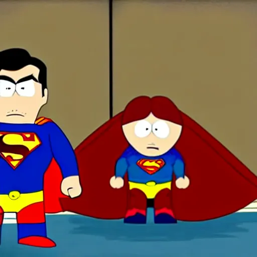 Image similar to superman in southpark. movie still.