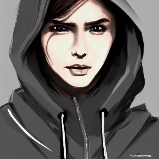 Prompt: Woman wearing hoodie, dark, menacing, artstation, digital art