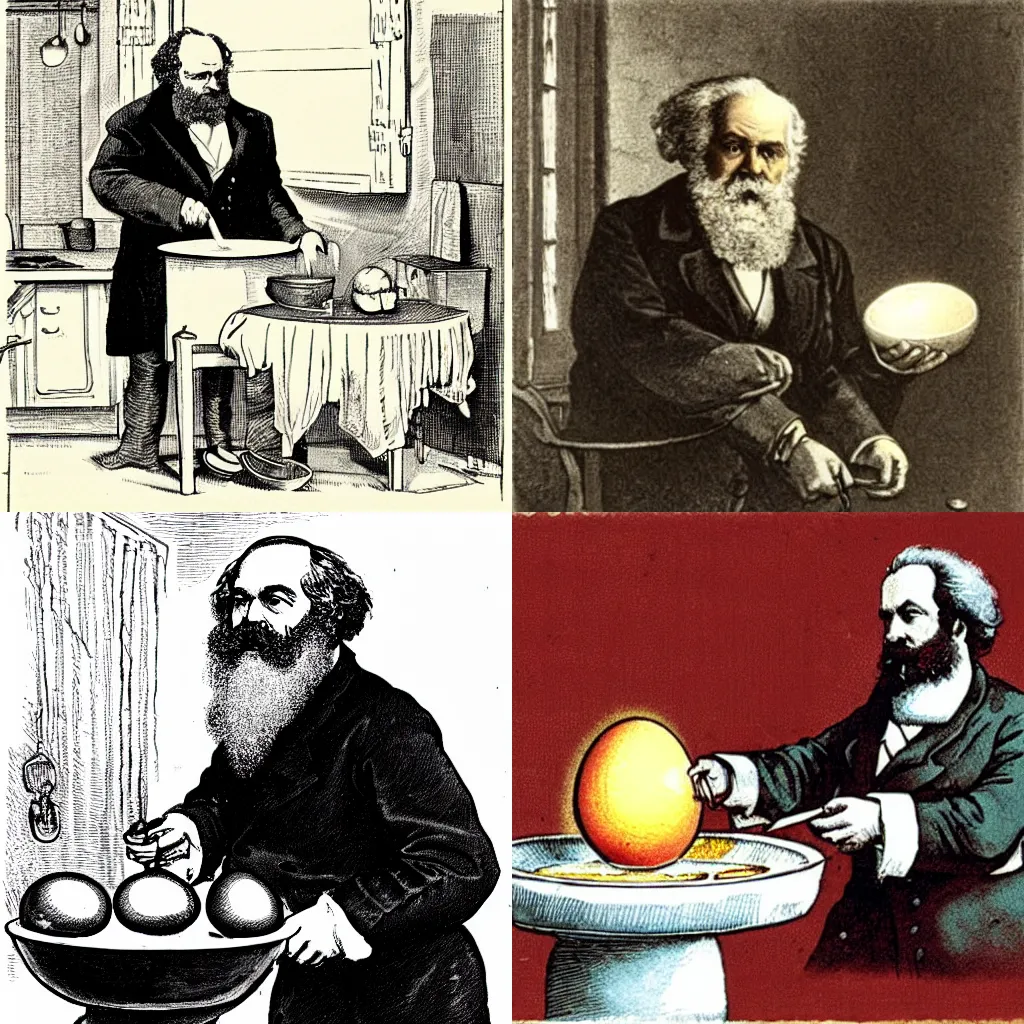 Prompt: karl marx cooking an egg