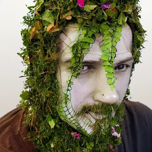 Prompt: human head sculpture made from vines wearing a tiara made of flowers and leaves