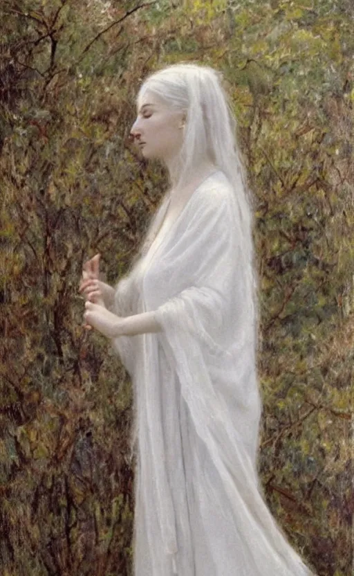 Image similar to say who is this with silver hair so pale and wan! and thin!? female angel, wearing white robes flowing hair, pale fair skin, white dress!! silver hair, covered!!, clothed!! lucien levy - dhurmer, fernand keller, oil on canvas, 1 8 9 6, 4 k resolution, aesthetic!, mystery