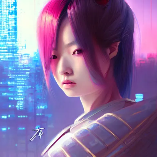 Image similar to portrait futuristic Samurai Girl, in future cyberpunk tokyo rooftop , ssci-fi, fantasy, intricate, very very beautiful, elegant, human anatomy, neon light, highly detailed, digital painting, artstation, concept art, smooth, sharp focus, illustration, art by tian zi and WLOP and alphonse mucha