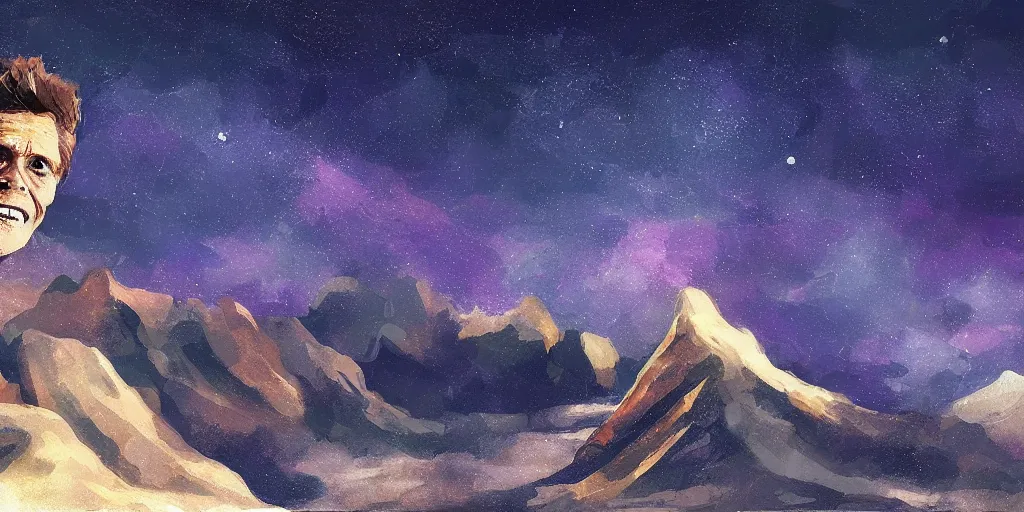 Image similar to willem dafoe, mountain landscape, night sky, digital art, digital painting, celestial, majestic, colorful